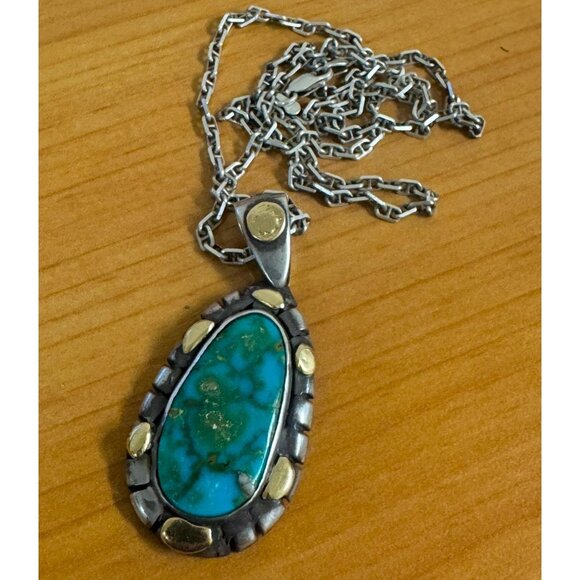 18k Gold & Sterling Silver Necklace Pendant Huge High Grade Kingman Turquoise - Picture 8 of 9